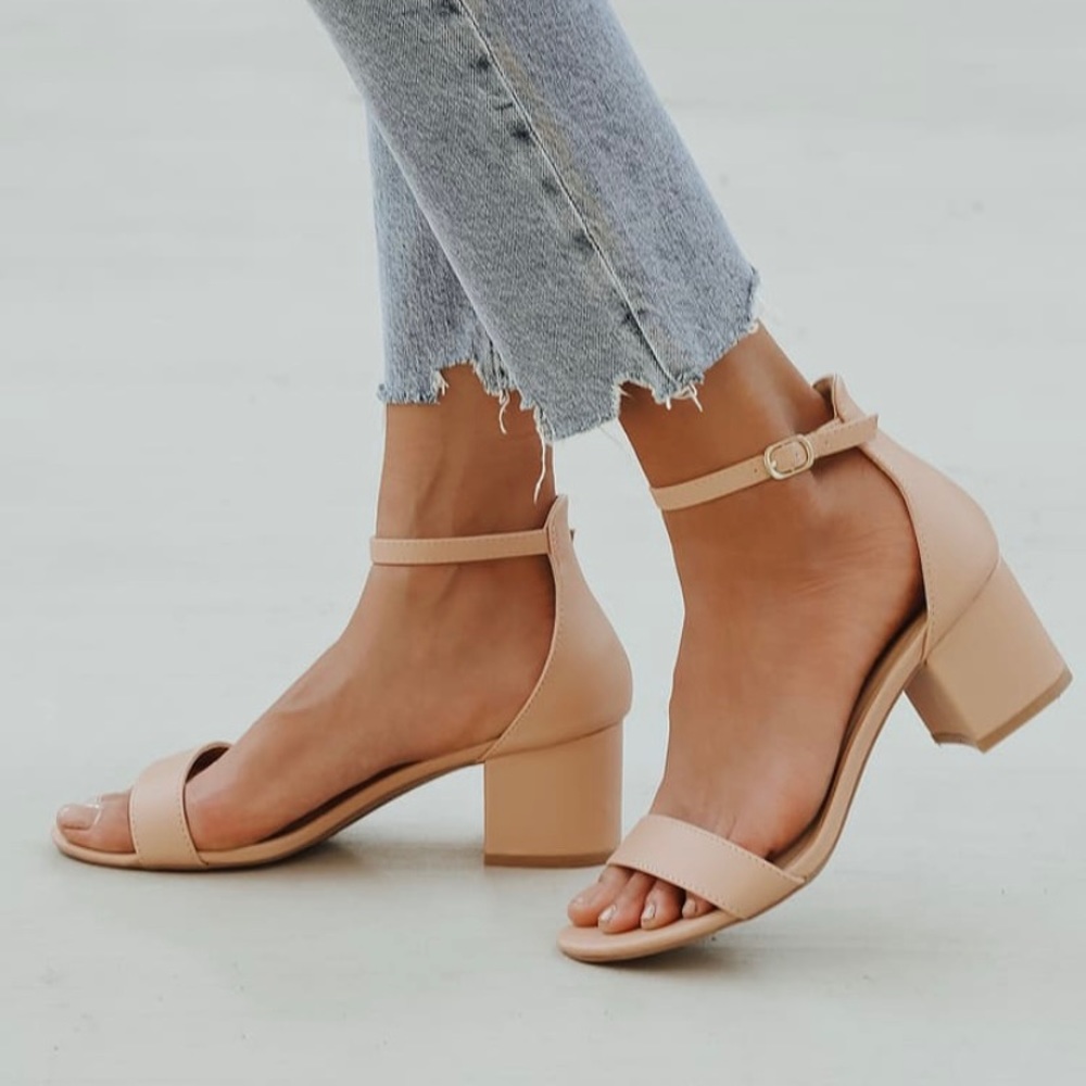 Lulu’s Harper stacked ankle strap sandal in almond